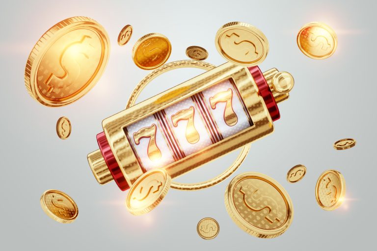 Modern design, casino slots, 777, poster for advertising, header for the site. Slot machine, coins, casino, online, bets, risk. 3D render, 3D illustration